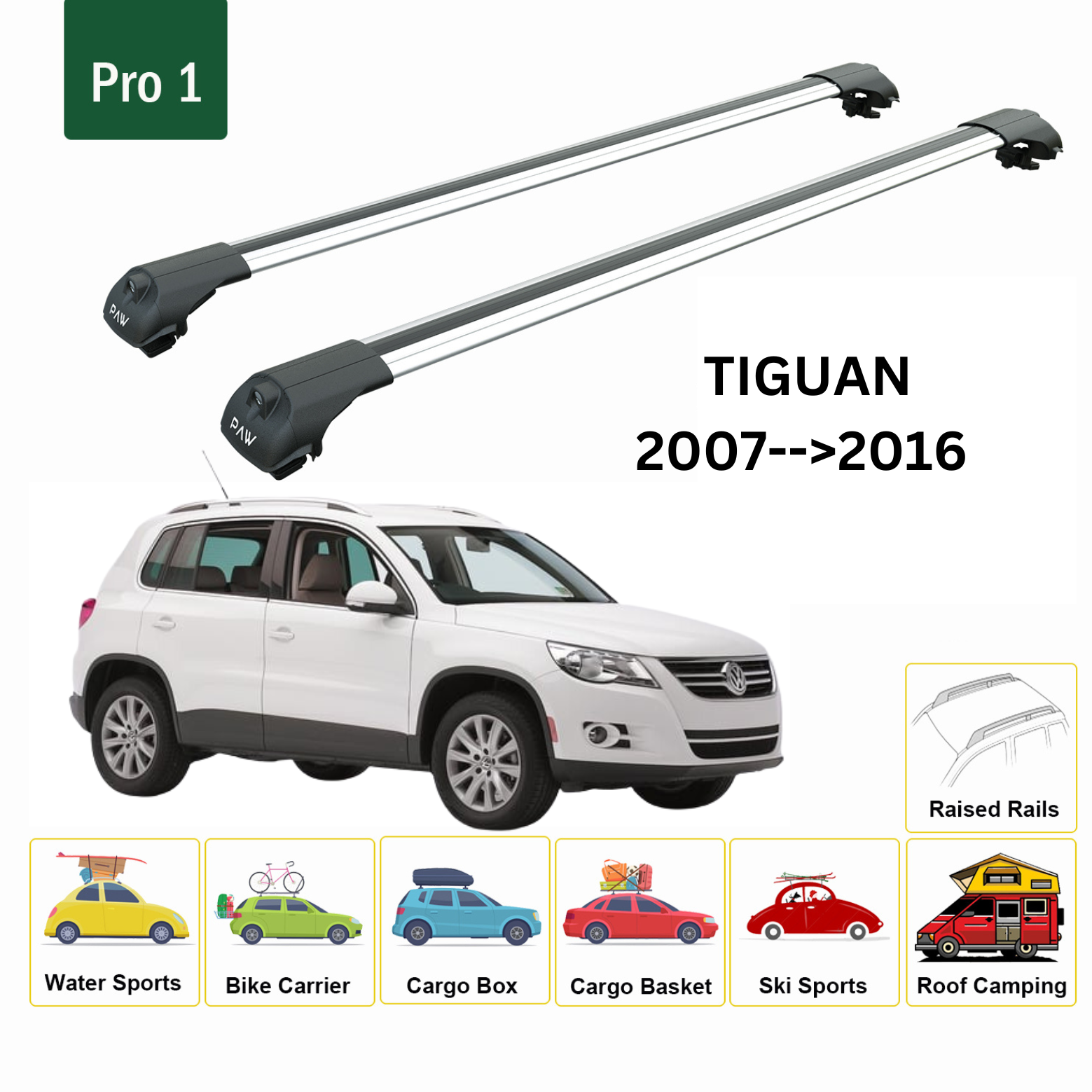 For Volkswagen Tiguan 2007-->2016 Roof Rack System, Aluminium Cross Bar, Metal Bracket, Raised Rail, Silver For Volkswagen Tiguan 2007-->2016 Roof Rack System, Aluminium Cross Bar, Metal Bracket, Raised Rail, Silver
